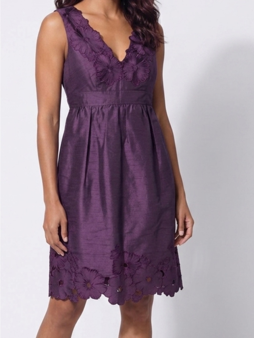 Adrianna Papell Purple Sleeveless V-Neck Floral Applique Midi Dress